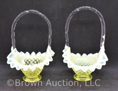 (2) Fenton Hobnail baskets, canary yellow opalescent, 7" to top of handle - 2