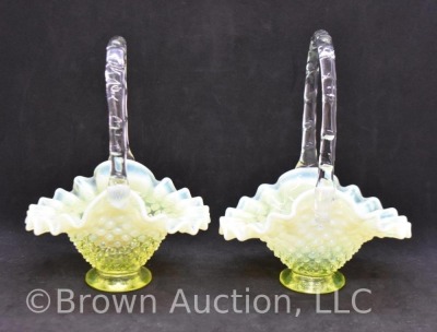 (2) Fenton Hobnail baskets, canary yellow opalescent, 7" to top of handle - 3