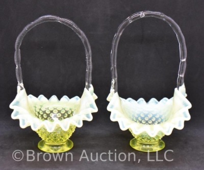 (2) Fenton Hobnail baskets, canary yellow opalescent, 7" to top of handle - 4