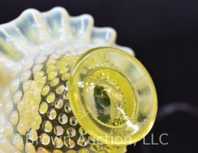 (2) Fenton Hobnail baskets, canary yellow opalescent, 7" to top of handle - 5