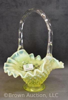 (2) Fenton Hobnail baskets, canary yellow opalescent, 7" to top of handle - 8