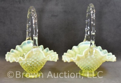 (2) Fenton Hobnail baskets, canary yellow opalescent, 7" to top of handle - 9