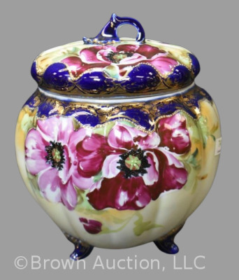 Mrkd. Royal Nippon 8" biscuit/ cracker jar, floral w/ cobalt trim