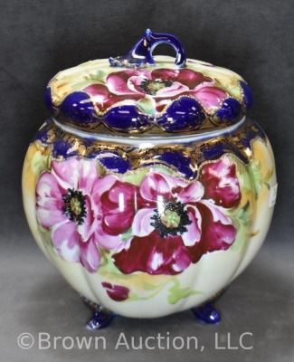 Mrkd. Royal Nippon 8" biscuit/ cracker jar, floral w/ cobalt trim - 2