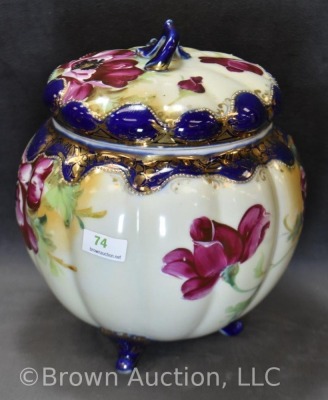 Mrkd. Royal Nippon 8" biscuit/ cracker jar, floral w/ cobalt trim - 3