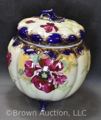 Mrkd. Royal Nippon 8" biscuit/ cracker jar, floral w/ cobalt trim - 4