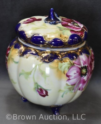 Mrkd. Royal Nippon 8" biscuit/ cracker jar, floral w/ cobalt trim - 5