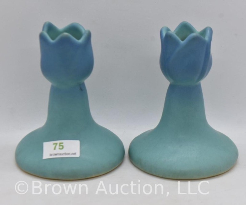 Pair of Van Briggle 3.75"h candleholders, turquoise blue