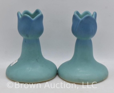 Pair of Van Briggle 3.75"h candleholders, turquoise blue - 2