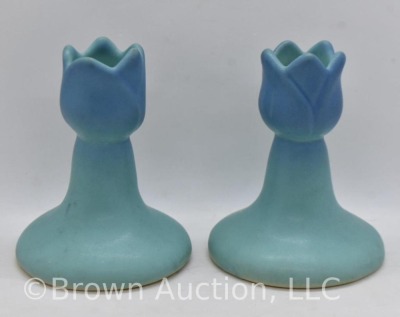 Pair of Van Briggle 3.75"h candleholders, turquoise blue - 3