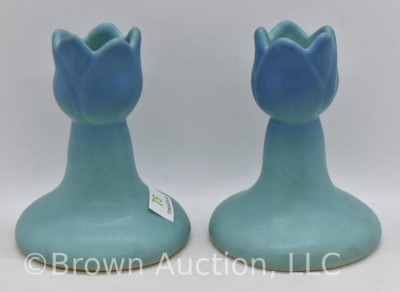 Pair of Van Briggle 3.75"h candleholders, turquoise blue - 4