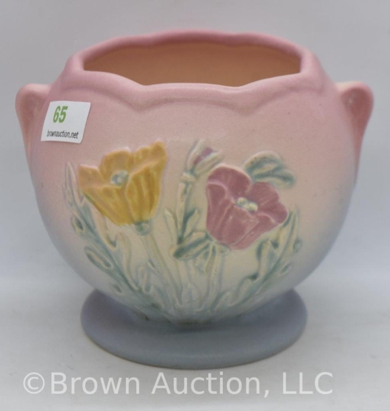 Hull Poppy 608 4.75" jardiniere, pink/ blue