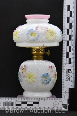 Consolidated milk glass Cosmos miniature oil lamp with shade, 7.5"h - 7