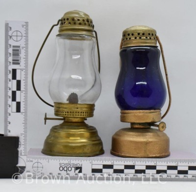 (2) Vintage skater's lanterns, 7"h clear and 6.5"h cobalt - 8