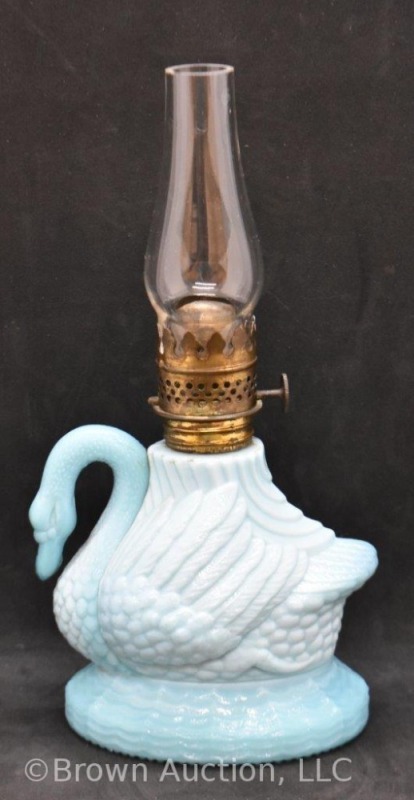 Atterbury Swan miniature oil lamp, blue, measures approx. 8"h