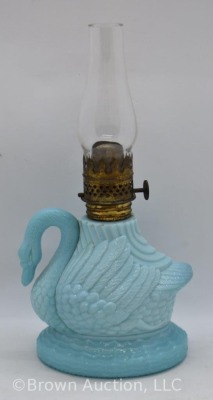 Atterbury Swan miniature oil lamp, blue, measures approx. 8"h - 5