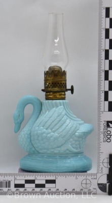 Atterbury Swan miniature oil lamp, blue, measures approx. 8"h - 7