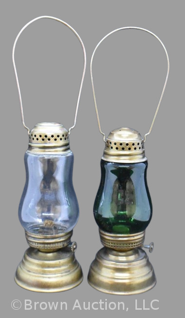 (2) Vintage skater's lanterns, clear and emerald green, 7" tall