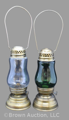 (2) Vintage skater's lanterns, clear and emerald green, 7" tall