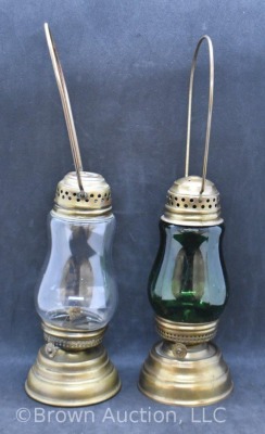 (2) Vintage skater's lanterns, clear and emerald green, 7" tall - 2