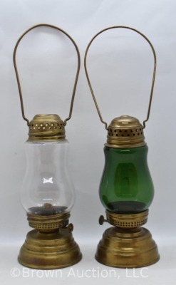 (2) Vintage skater's lanterns, clear and emerald green, 7" tall - 7