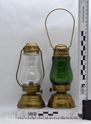 (2) Vintage skater's lanterns, clear and emerald green, 7" tall - 8