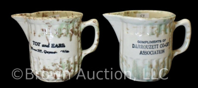 (2) Advertising spongeware 4.5" milk pitchers: Tot and Earl, Guymon, OK; Darrouzett Co-op