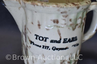 (2) Advertising spongeware 4.5" milk pitchers: Tot and Earl, Guymon, OK; Darrouzett Co-op - 6