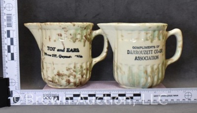 (2) Advertising spongeware 4.5" milk pitchers: Tot and Earl, Guymon, OK; Darrouzett Co-op - 9