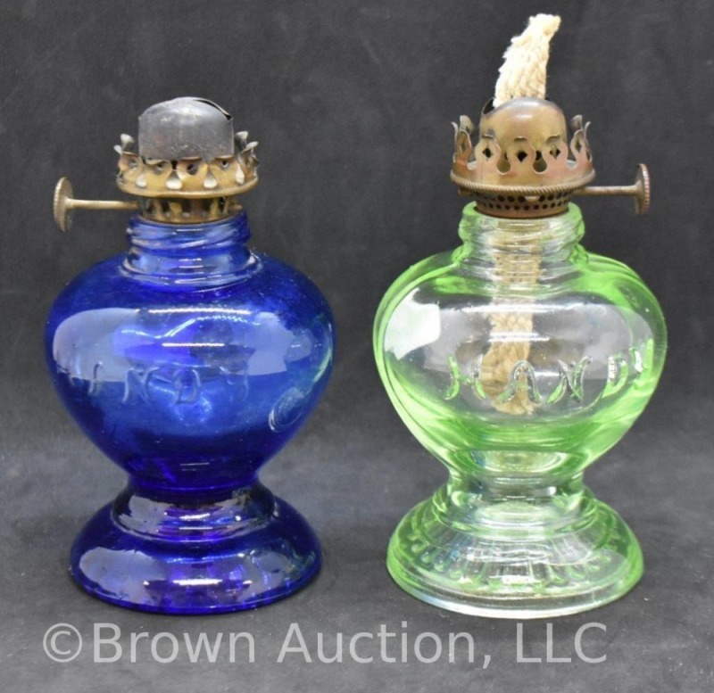 (2) Handy miniature kerosene oil lamp, 1-cobalt and 1-green, 3.5"h