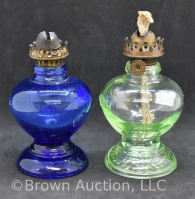 (2) Handy miniature kerosene oil lamp, 1-cobalt and 1-green, 3.5"h - 2