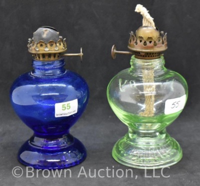 (2) Handy miniature kerosene oil lamp, 1-cobalt and 1-green, 3.5"h - 3