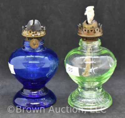 (2) Handy miniature kerosene oil lamp, 1-cobalt and 1-green, 3.5"h - 4