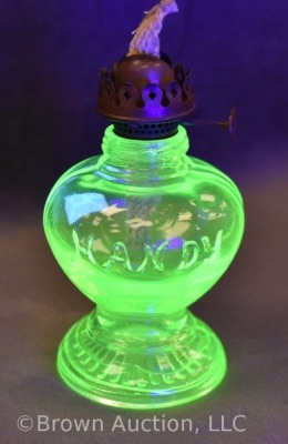 (2) Handy miniature kerosene oil lamp, 1-cobalt and 1-green, 3.5"h - 7