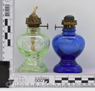 (2) Handy miniature kerosene oil lamp, 1-cobalt and 1-green, 3.5"h - 10