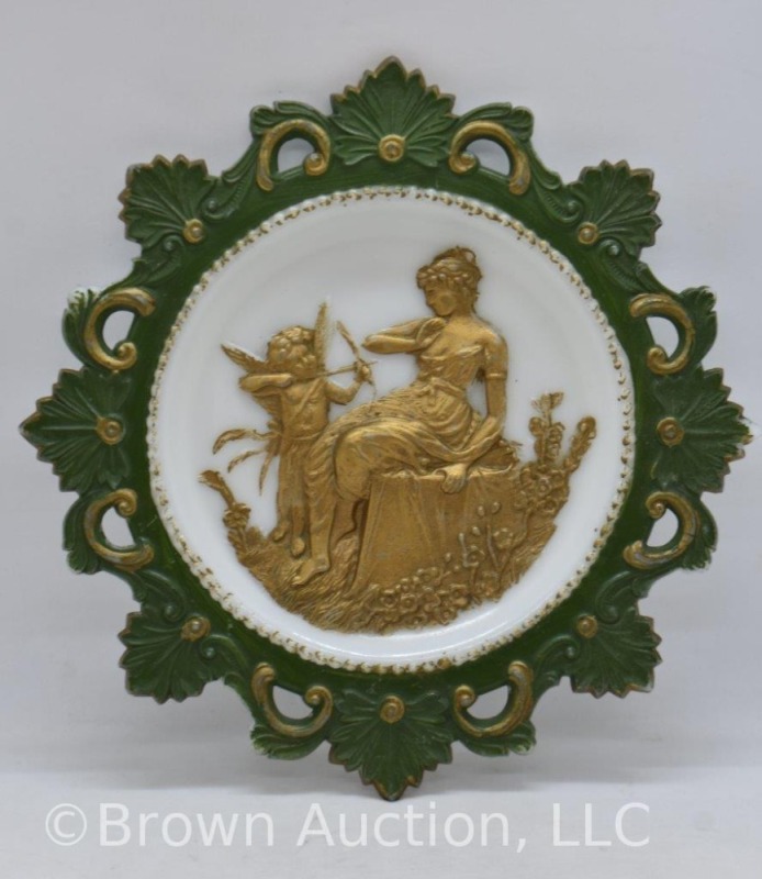 Milk Glass 7.5"d decorative plate with Victorian lady and cherub, gold and green