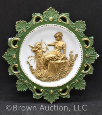 Milk Glass 7.5"d decorative plate with Victorian lady and cherub, gold and green - 2