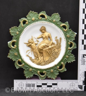 Milk Glass 7.5"d decorative plate with Victorian lady and cherub, gold and green - 5