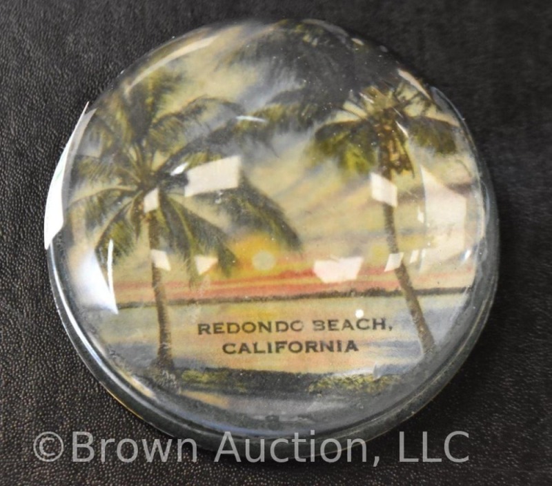 Glass dome Redondo Beach California paper weight, 3"d