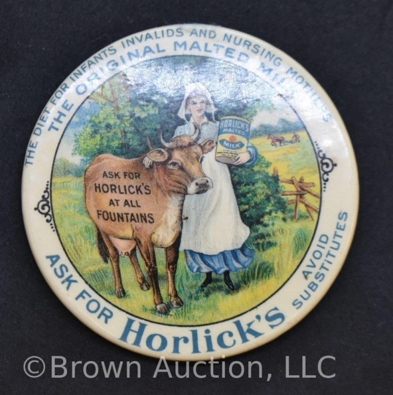 Horlick's Malted Milk advertising pocket mirror, 2" round dia.