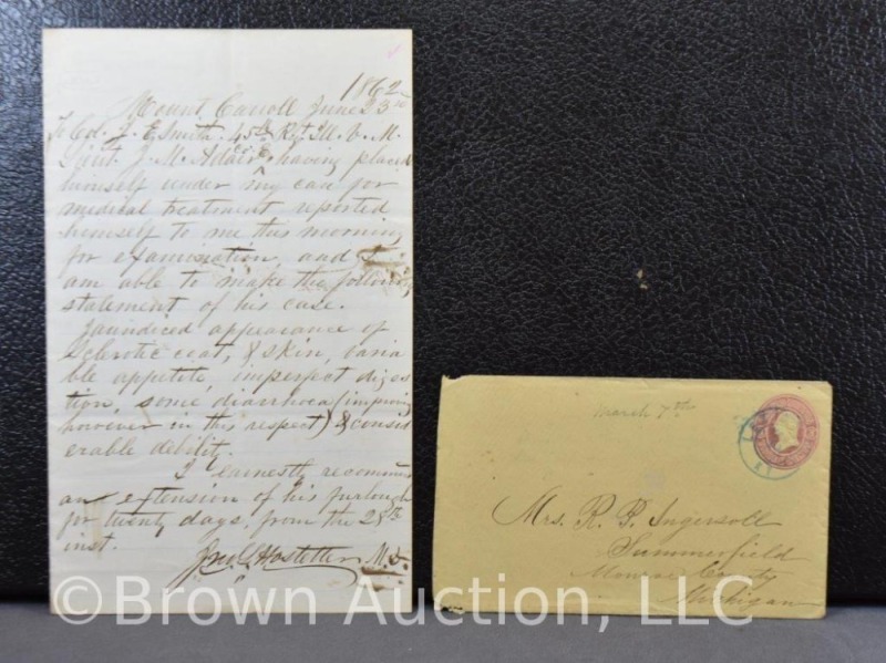 Pair of Civil War documents: Medical letter dated 1862 and an addressed envelope