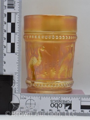 Carnival Glass Stork and Rushes tumbler, marigold - 6