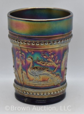 Carnival Glass Peacock at the Fountain tumbler, cobalt - 3