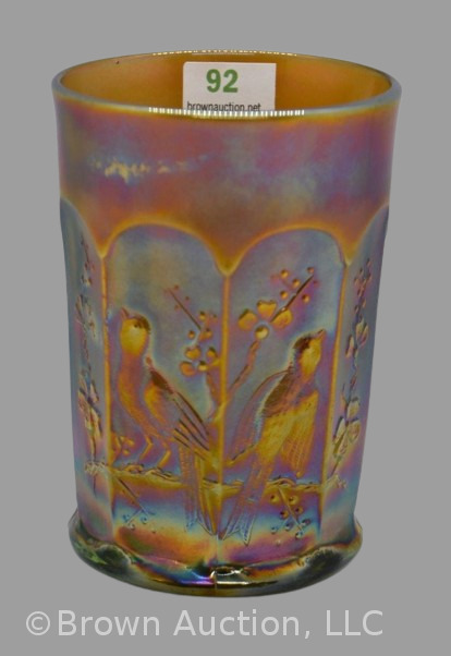 Carnival Glass Singing Birds tumbler, green with high amy. iridescence