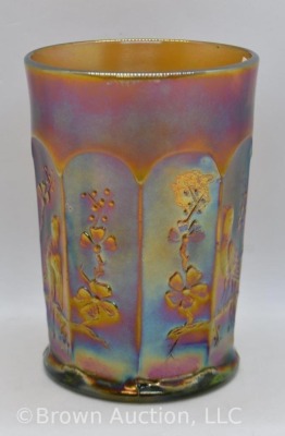 Carnival Glass Singing Birds tumbler, green with high amy. iridescence - 2