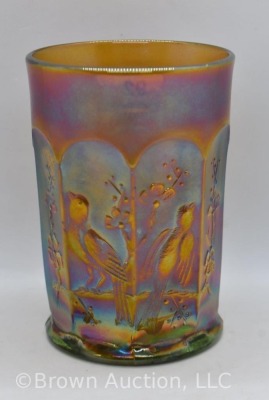 Carnival Glass Singing Birds tumbler, green with high amy. iridescence - 3