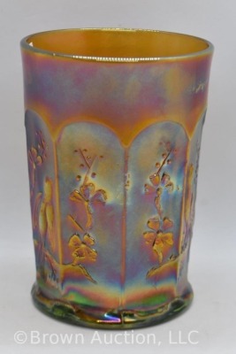 Carnival Glass Singing Birds tumbler, green with high amy. iridescence - 4