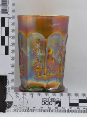 Carnival Glass Singing Birds tumbler, green with high amy. iridescence - 8