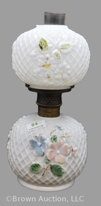 Milk glass with embossed design and flowers miniature oil lamp, 8" tall