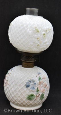 Milk glass with embossed design and flowers miniature oil lamp, 8" tall - 2